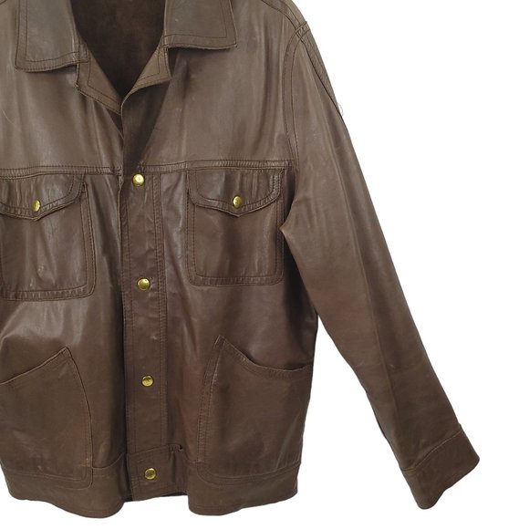 Vintage Brown Leather Snap Front Jacket Men L Made in England Flap Slash Pockets - Picture 15 of 16